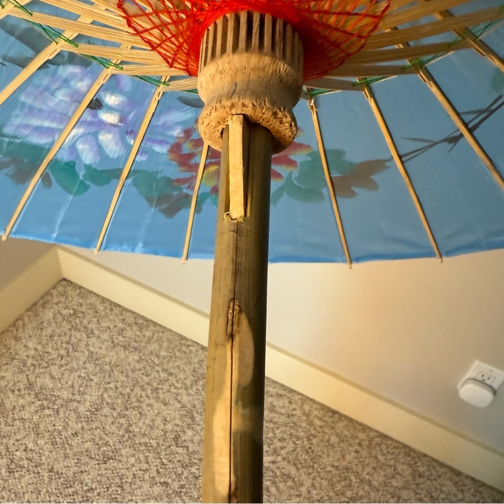 Asian Japanese Parasol Umbrella Nylon Bamboo Blue Blossoms Birds Sun Shade - Picture 13 of 13